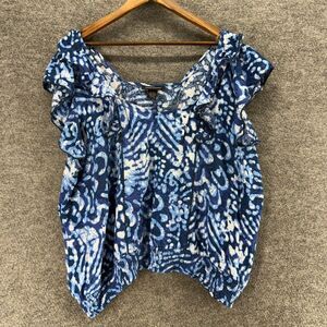 Ashley Stewart Blouse Women 22/24 Plus Blue Geometric Short Sleeve Cotton Casual